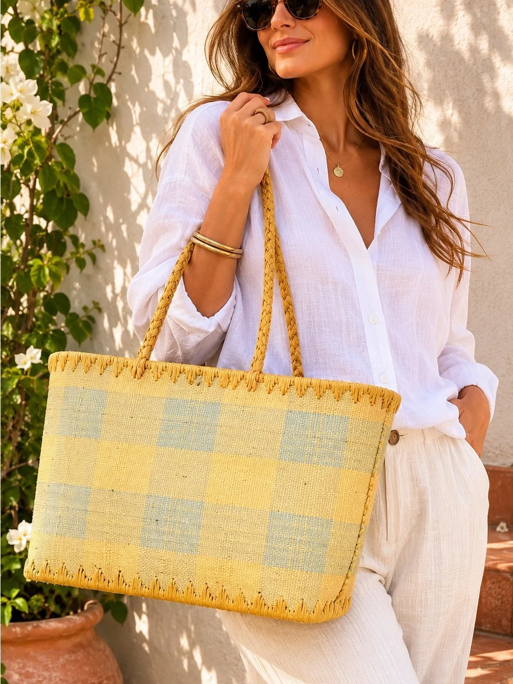 Annabel Ingall Butter Yellow Blue Raffia Tote Bag Handmade Madagascar Coastal